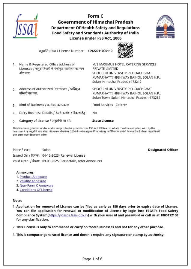 FSSAI Certificate - Shoolini